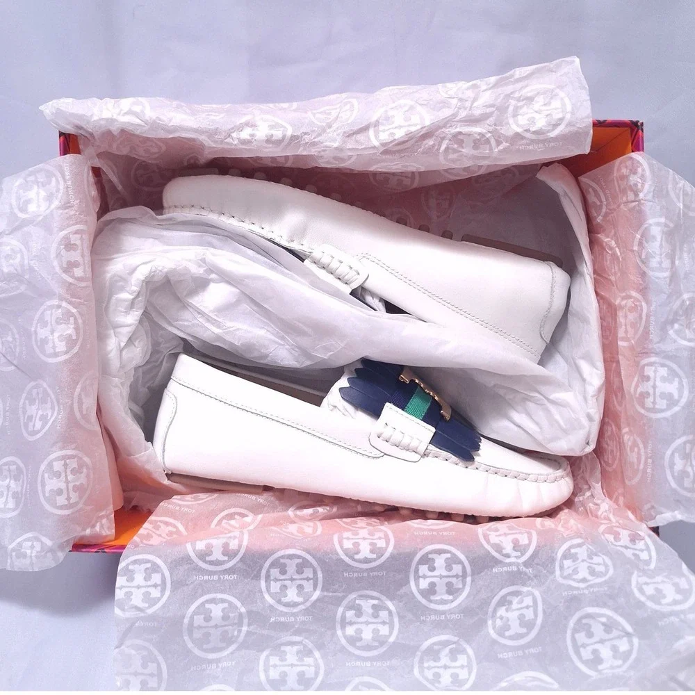 Tory Burch Gemini Link Driver Leather Loafers White Navy Fringe‎ Shoes Sz 6 NIB